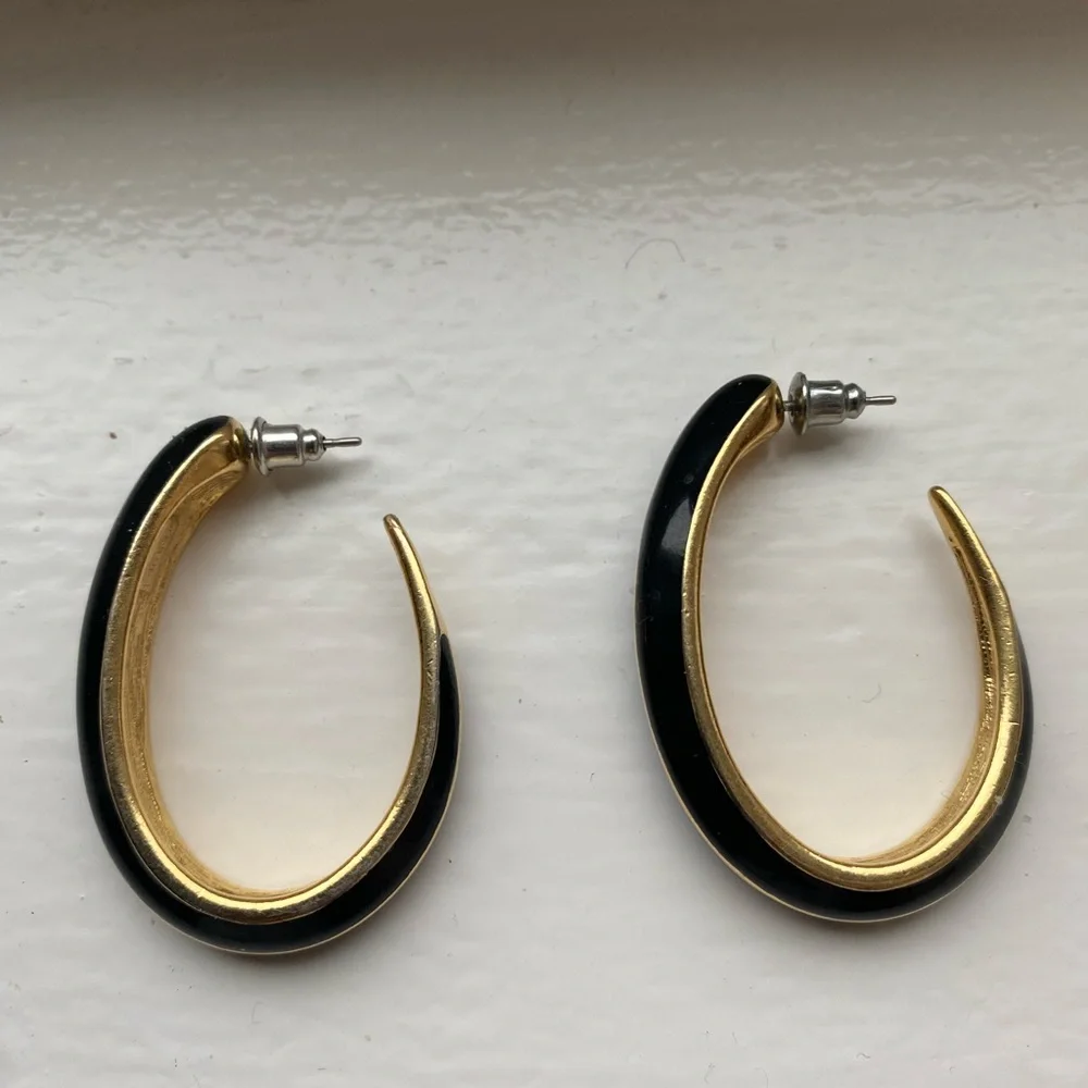 Trifari vintage gold and black resin hoop earrings